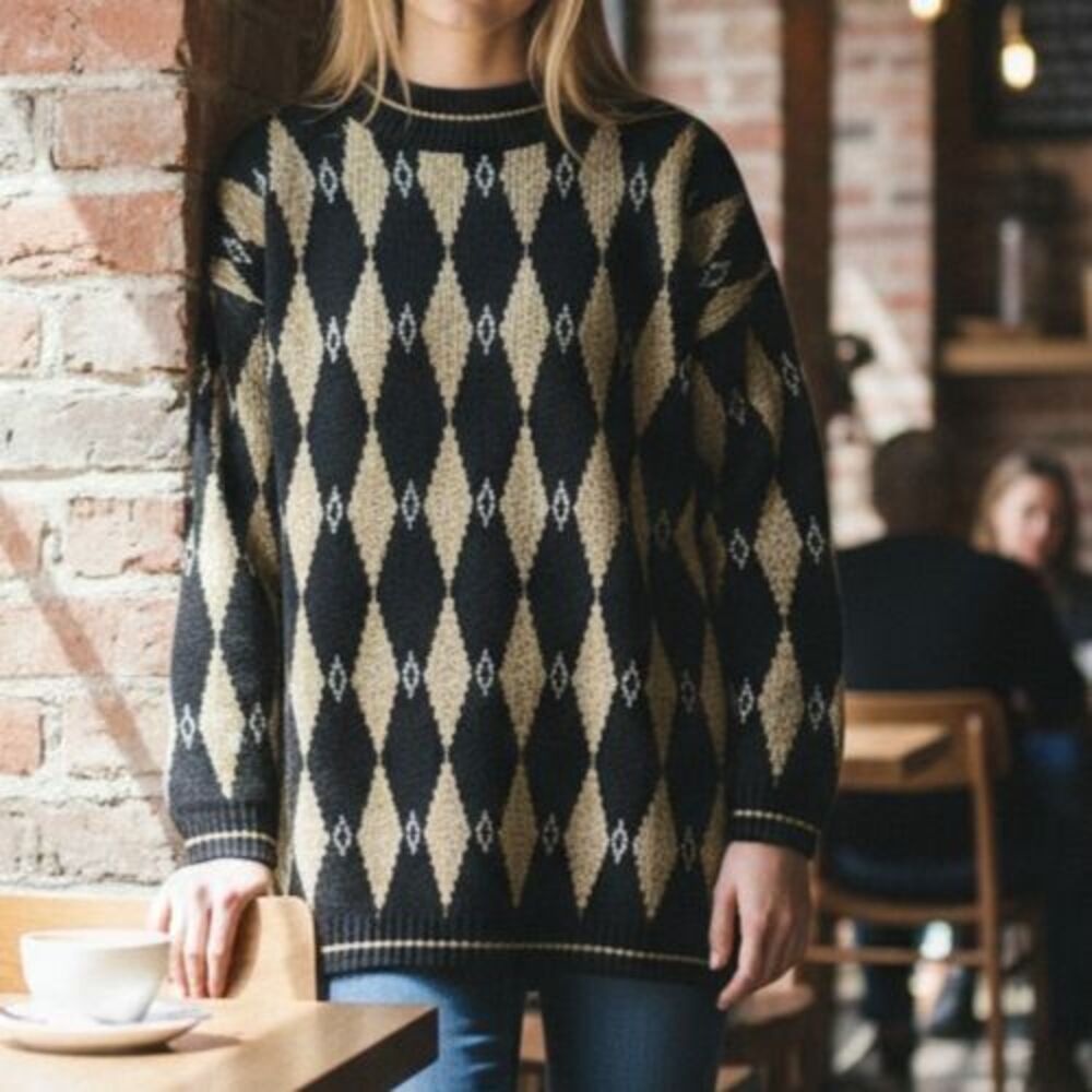 Vintage Trimmings Metallic Gold Argyle Sweater Women Medium Black Diamond USA